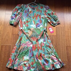 Vince Camuto Tropical Mint Leaf Print Tie-Waist Dress